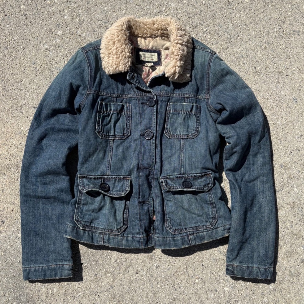 Vintage Abercrombie & Fitch Sherpa Collar Denim Jacket Floral Lined Blue Small S